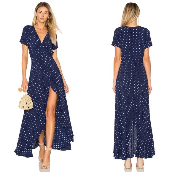 Auguste The Label Lily Wrap Maxi Dress Classic Polka Dot Size 4 Navy Blue - Picture 1 of 7
